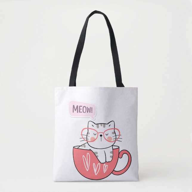 Tote Bag chat miow dans une tasse (Devant)