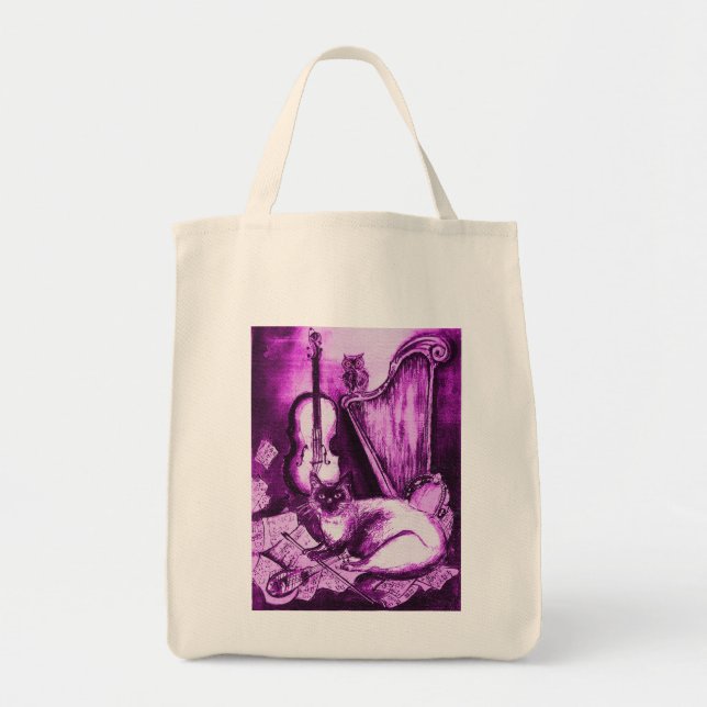 Tote Bag CHAT MUSICAL, Violet violet et blanc (Devant)