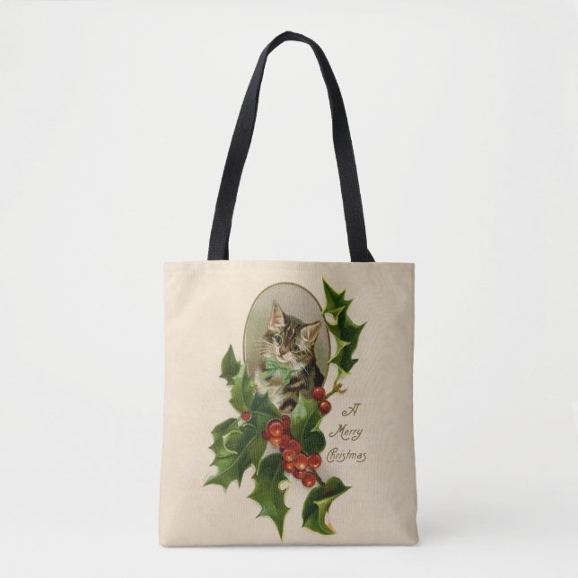 Tote Bag Chat Noël Joyau Holly Kitten Art antique (Devant)