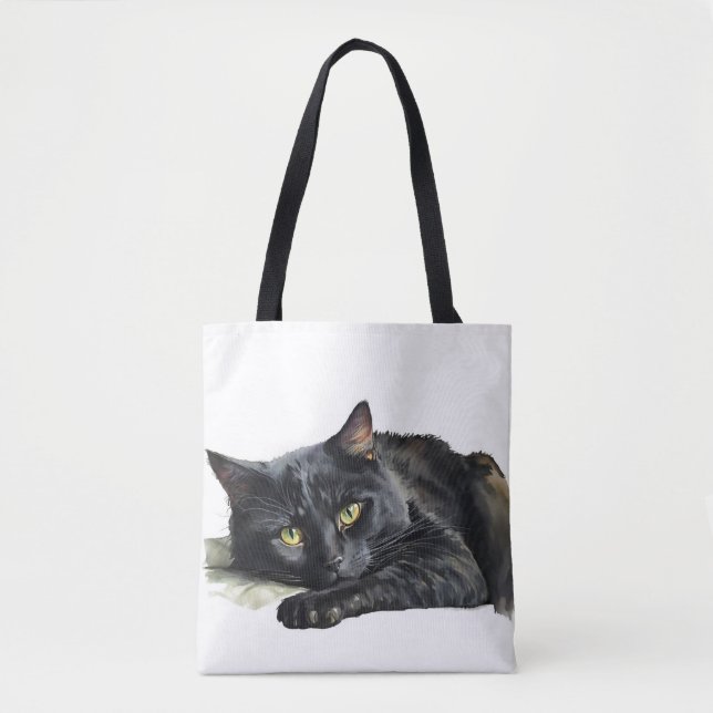 Tote Bag Chat noir aquarelle blanc (Devant)
