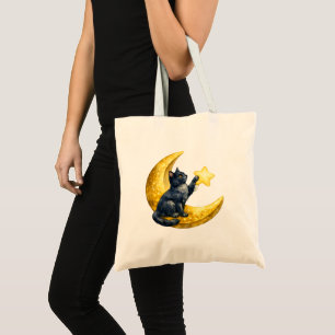 Tote Bag Chat noir aquarelle fantaisiste sur croissant de l