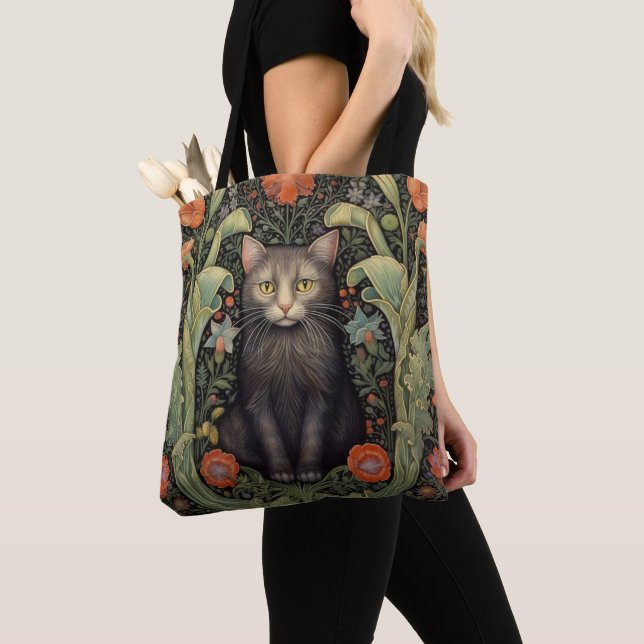 Tote Bag Chat noir Art nouveau et fleurs rouges (De près)