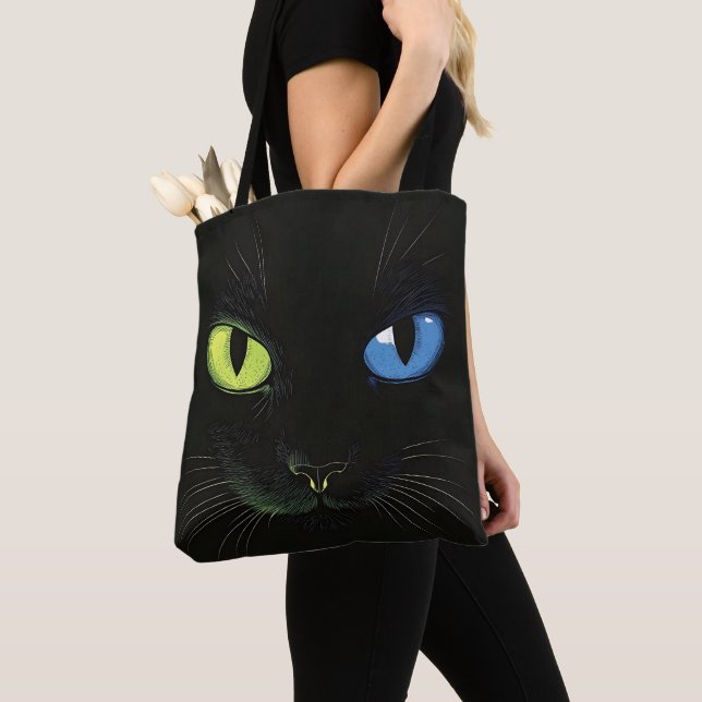 Tote Bag Chat noir aux yeux verts et bleus (De près)