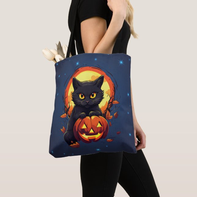 Tote Bag Chat noir avec citrouille d'Halloween (De près)