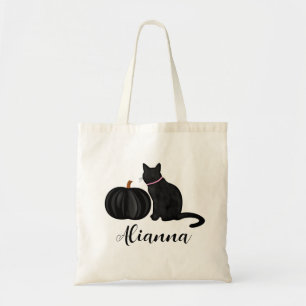 Tote Bag Chat noir avec Citrouille noir Nom personnalisé