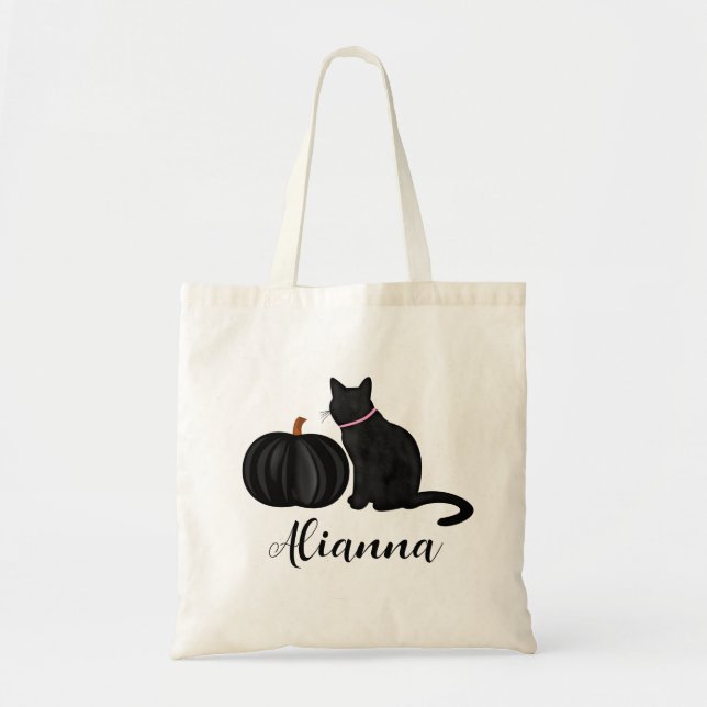 Tote Bag Chat noir avec Citrouille noir Nom personnalisé (Devant)