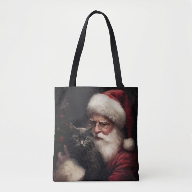 Tote Bag Chat noir avec Noël Festif du Père Noël (Devant)