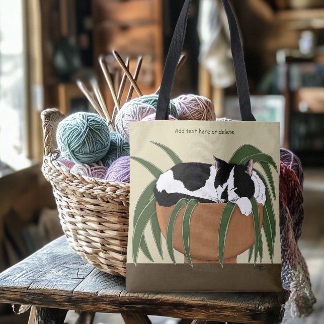 Tote Bag Chat noir blanc Plante drôle (Créateur téléchargé)