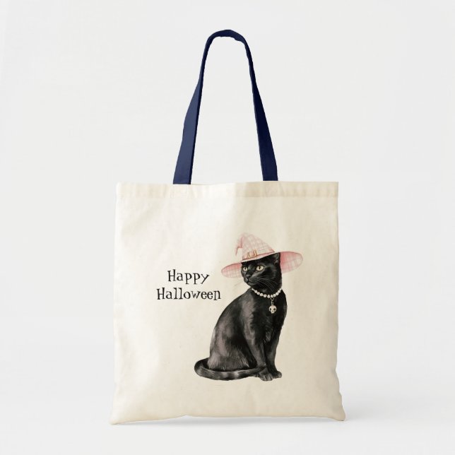 Tote Bag Chat Noir Chic Chapeau Rose Halloween (Devant)