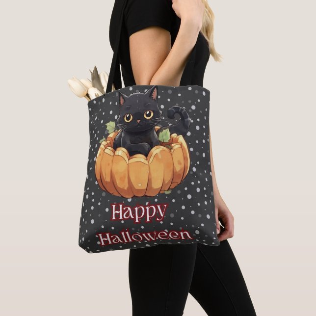 Tote Bag Chat noir Citrouille Points Black Joyeux Halloween (De près)