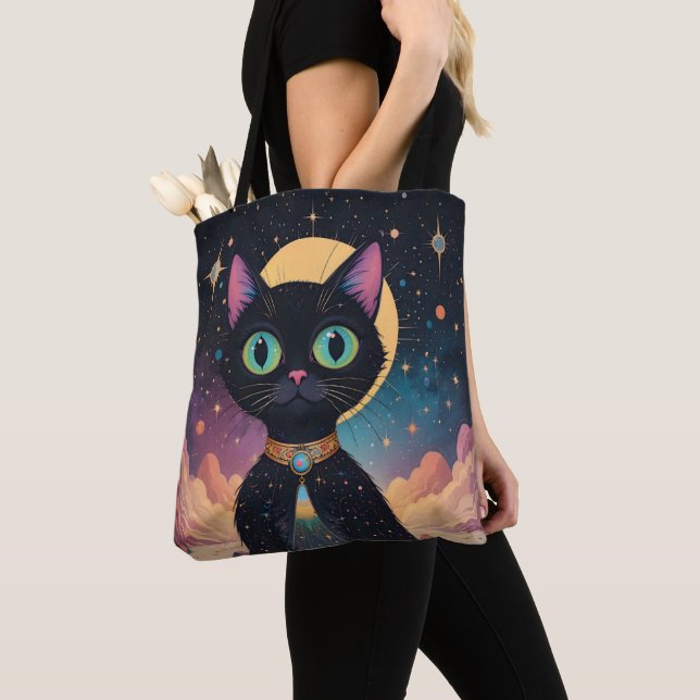 Tote Bag Chat noir cosmique futuriste atomique en clair de  (De près)