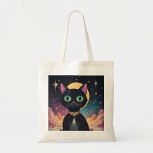 Tote Bag Chat noir cosmique futuriste atomique en clair de