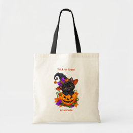 Tote Bag Chat noir dans citrouille d'Halloween personnalisé
