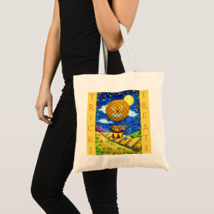 TOTE BAG CHAT NOIR DANS L'AIR CHAUD BALLON HUMOUR ART FOLK