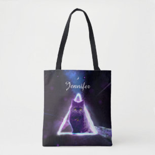Tote Bag Chat noir dans le triangle hipster néon bleu