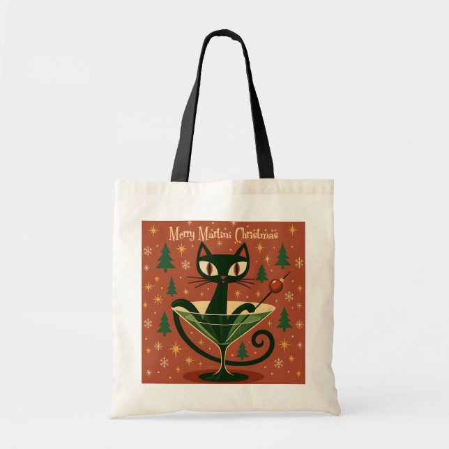 Tote Bag Chat noir de Noël Martini du milieu du siècle (Devant)