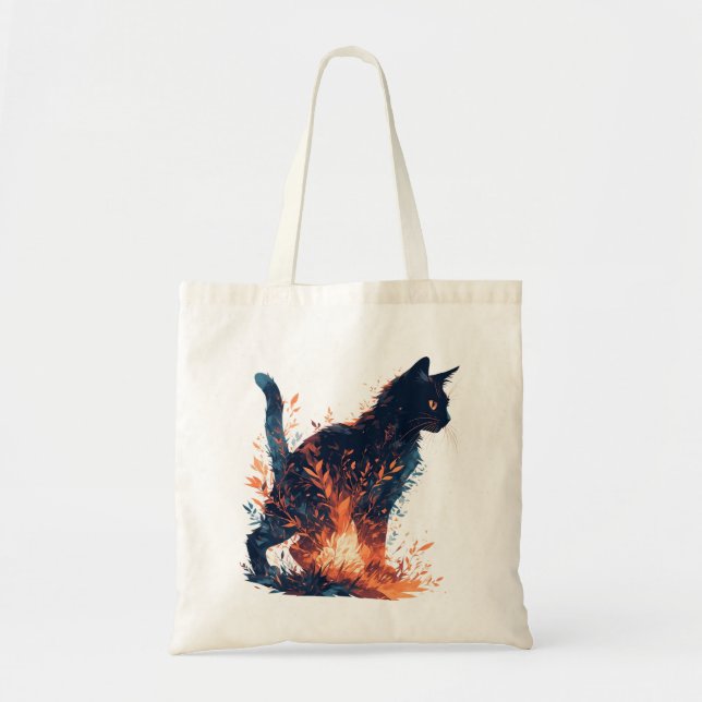 Tote Bag Chat Noir décontracté Et Feuilles Floraux - Belle (Devant)