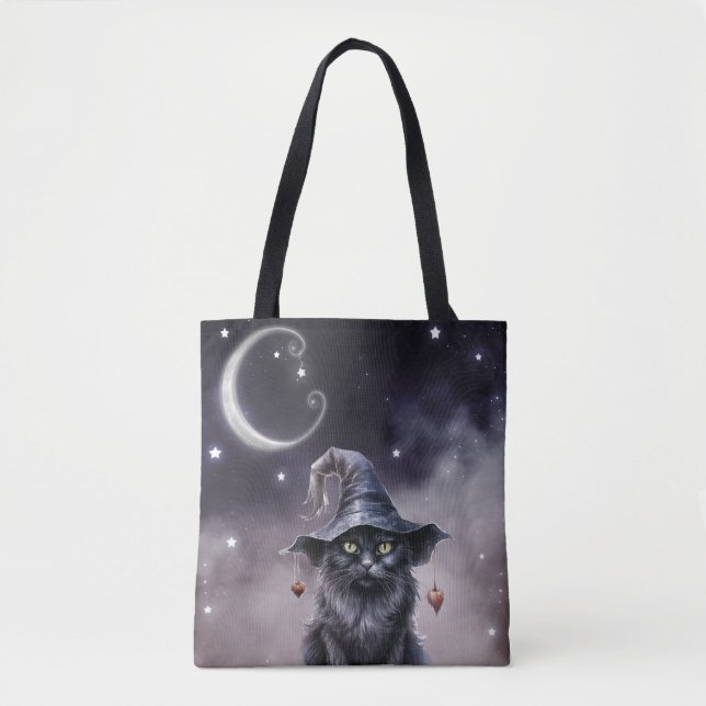 Tote Bag Chat noir d'Halloween portant un chapeau de sorciè (Devant)