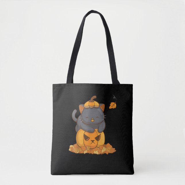 Tote Bag Chat noir d'Halloween sur Citrouille avec feuilles (Devant)