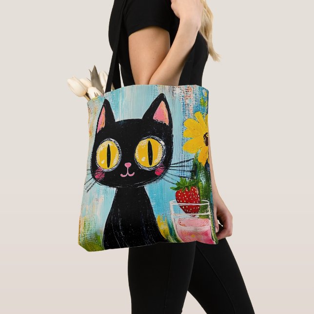 Tote Bag Chat Noir Drôle avec Fraise (De près)
