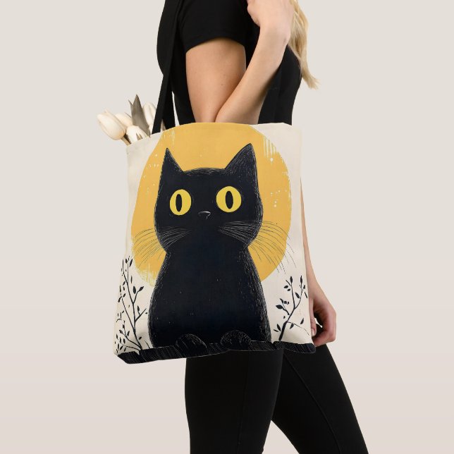 Tote Bag Chat noir drôle avec pleine lune (De près)
