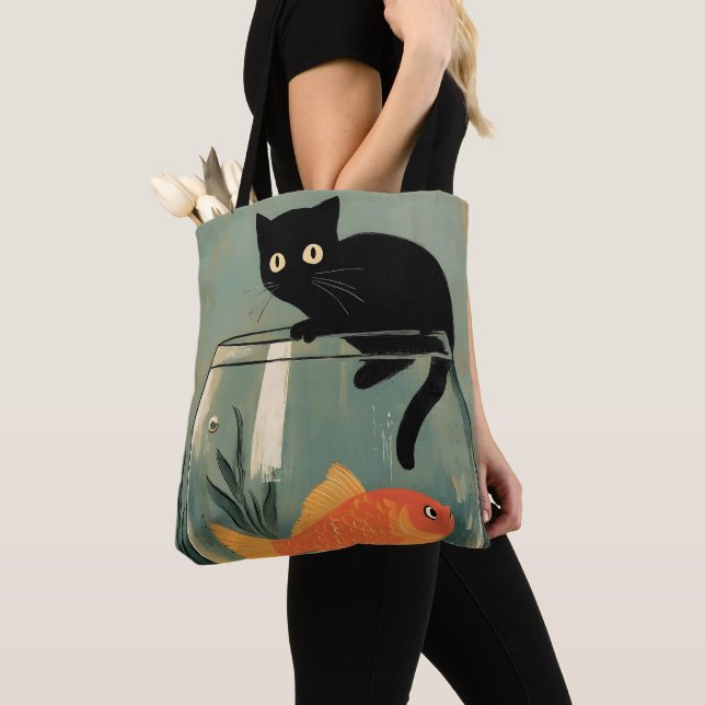 Tote Bag Chat noir drôle avec poisson (De près)