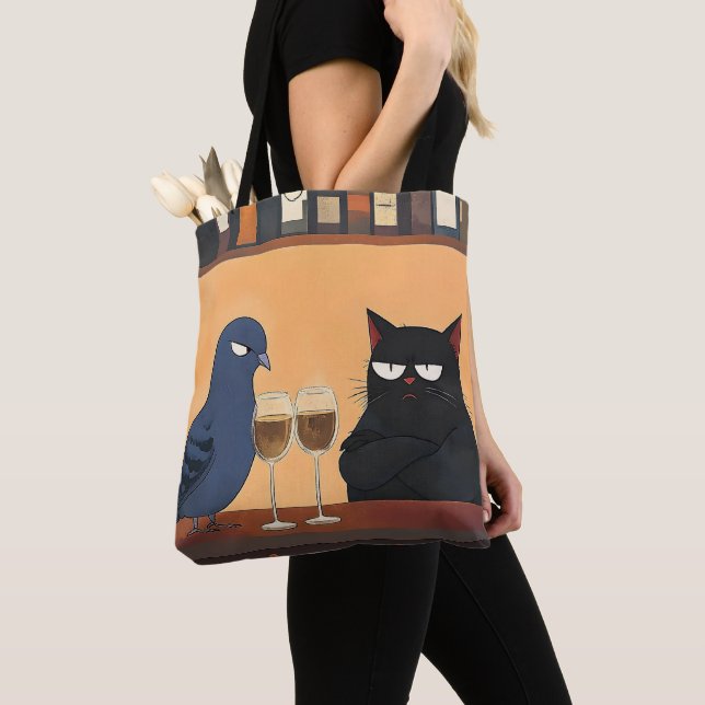 Tote Bag Chat noir drôle et oiseau (De près)