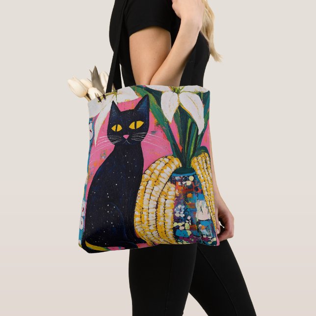 Tote Bag Chat noir drôle et vase de fleurs (De près)