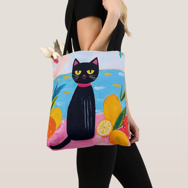 Tote Bag Chat noir drôle Fruits frais et mer (De près)
