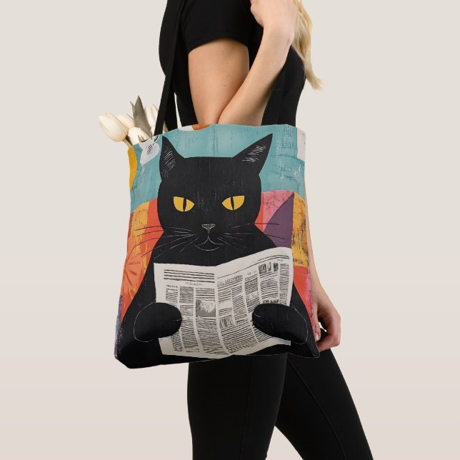 Tote Bag Chat noir drôle lisant un journal (De près)