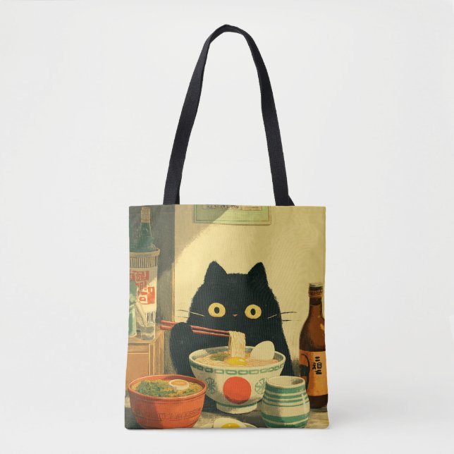 Tote Bag Chat noir drôle mangeant du Ramen (Devant)