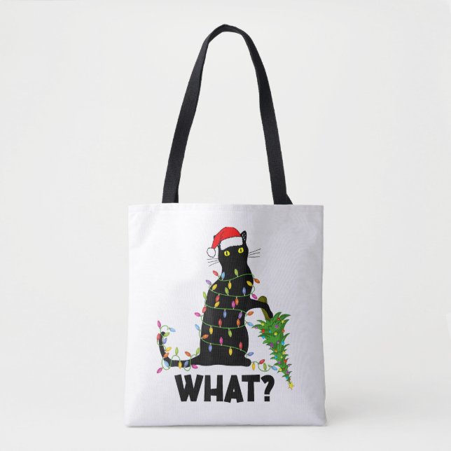 Tote Bag Chat Noir Drôle Poussant Arbre De Noël Sur Chat Ch (Devant)
