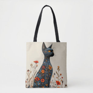 Tote Bag Chat Noir Élégant Avec Fleurs Esthétique