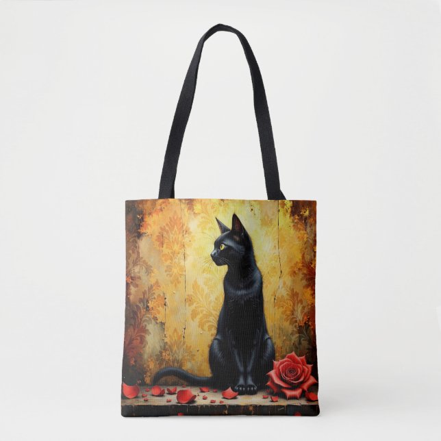 Tote Bag Chat noir élégant et rose rouge (Devant)