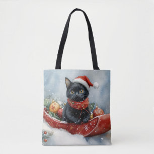 Tote Bag Chat Noir en Traîneau Laissez Tomber la Neige Noël