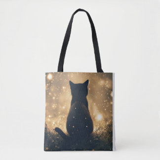 Tote Bag Chat noir enchanté avec des lucioles