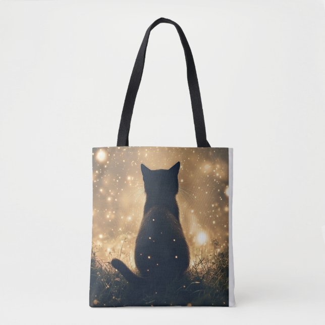 Tote Bag Chat noir enchanté avec des lucioles (Devant)