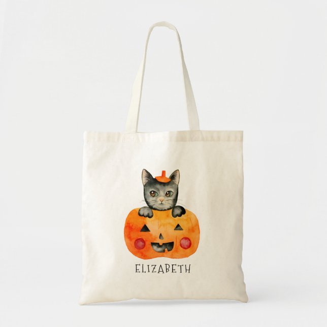 Tote Bag Chat noir et citrouille personnalisés de Halloween (Devant)