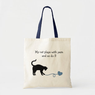 Tote Bag Chat noir et fil en forme de coeur (bleus)