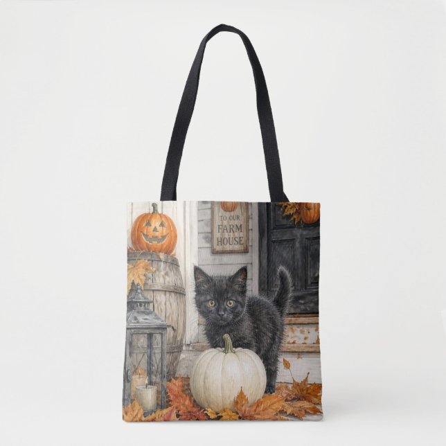 Tote Bag Chat noir et maison de ferme à citrouilles Hallowe (Devant)