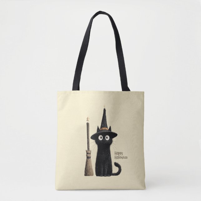 Tote Bag Chat noir fantaisiste Joyeux Halloween (Devant)
