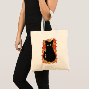 Tote Bag Chat noir, Feuilles d'automne motif, Halloween amu