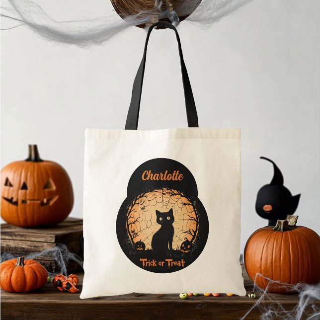 Tote Bag Chat noir Halloween personnalisé Trick-or-Treat (Créateur téléchargé)