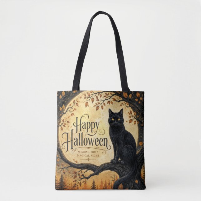 Tote Bag Chat noir Halloween pleine lune arbre (Devant)