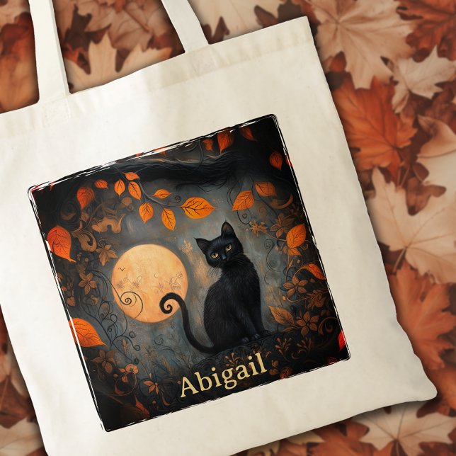 Tote Bag Chat noir Halloween Pleine lune Art Nouveau (Black Cat Halloween Full Moon Art Nouveau Tote Bag)