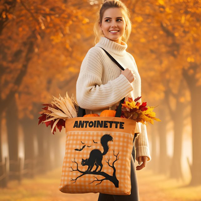 Tote Bag Chat noir Halloween sur plaid gingham orange arbre (Créateur téléchargé)