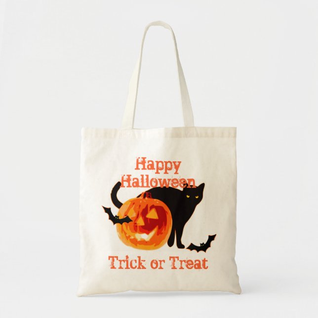 Tote Bag chat noir & jack-o-lanterne tour ou réglez (Devant)