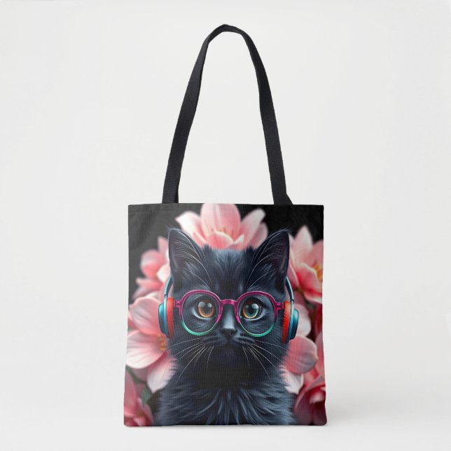 Tote Bag Chat noir mignon avec lunettes et écouteurs (Devant)