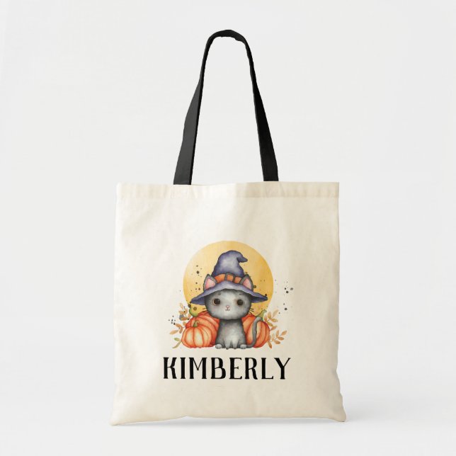 Tote Bag Chat noir mignon Halloween personnalisé (Devant)