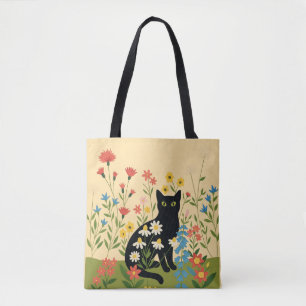 Tote Bag Chat noir parmi les Fleurs sauvages colorés - Cott